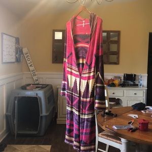 Native print cardigan with hoodie from Macy’s.